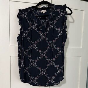 LOFT Navy Floral Ruffle Blouse